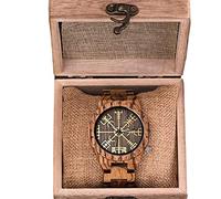 SBRTL Montre en Bois pour Hommes Viking, Montre-Bracelet en Bois avec Casque de Symbole de crainte mythologie Nordique Bracelet en Bois Vintage Montre à Quartz réglable Cadeau de Cercle de Rune,Blanc