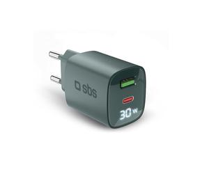 SBS Chargeur multiport 30W avec écran LCD, 1 Port USB-C et 1 USB-A, Prise européenne, Power Delivery, idéal pour Smartphones Android, iPhone, Tablette, MacBook
