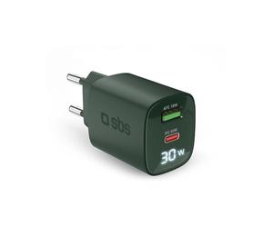 SBS Chargeur multiport 30W avec écran LCD, 1 Port USB-C et 1 USB-A, Prise européenne, Power Delivery, idéal pour Smartphones Android, iPhone, Tablette, MacBook