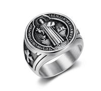 SBZIOJHDR bagues pour hommes, Bague de prière bénédiction for l'exorcisme Saint Benoît - Chevalière religieuse gothique en acier inoxydable for homme(W)