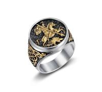SBZIOJHDR bagues pour hommes, Bague en acier titane au design complexe représentant Saint Georges terrassant le dragon, ornée de nœuds épiques et mythiques(Silver+Gold,U)