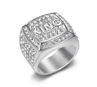SBZIOJHDR bagues pour hommes, Bague Hip Hop Glacée King Ring en acier titane for homme, ornée de zirconiums cubiques, style rappeur(Silver,U)