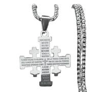 SBZIOJHDR collier, Collier Croix de Jérusalem avec Notre Père, pendentif religieux chrétien en acier titane plaqué, bijou catholique(Silver)