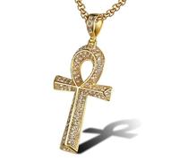 SBZIOJHDR collier, Collier pendentif Ankh égyptien hip-hop en acier titane, serti de zirconiums cubiques sertis pierres précieuses(Gold)