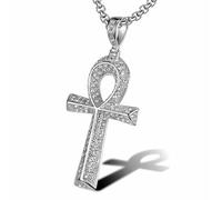 SBZIOJHDR collier, Collier pendentif Ankh égyptien hip-hop en acier titane, serti de zirconiums cubiques sertis pierres précieuses(Silver)
