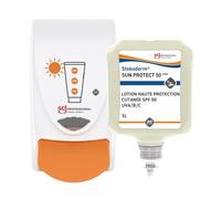SC Johnson Professional Distributeur Mural Manuel - Protection Solaire + Recharge Stokoderm Sun Protect 50 Pure - 1 L - Crème SPF 50 - Protection UVA/UVB/UVC - Usage professionnel
