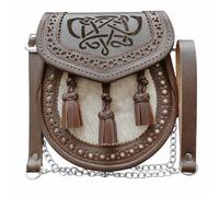 SC Sporran celtique en cuir avec trois pompons, ceinture et chaîne Blanc/marron-celtique