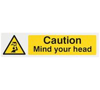 Scan SCA5110 Panneau autocollant en PVC avec inscription « Caution Mind your head » Blanc 200 x 50 mm