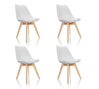 hjh OFFICE 661009 Ensemble de 4 chaises de Salle à Manger Scandi Plastique Blanc Pieds en hêtre Massif, Chaise rembourrée Design rétro