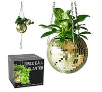 SCANDINORDICA Jardinière Boule Disco - Pot de Fleurs Boule à facettes avec chaîne et Corde en macramé, Boule a Facette, Cadeaux Femmes | Décoration d’intérieur - 15 cm Or