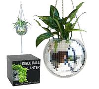 SCANDINORDICA Jardinière Boule Disco - Pot de Fleurs Boule à facettes avec chaîne et Corde en macramé, Boule a Facette, Cadeaux Femmes | Décoration d’intérieur - 25 cm Argent