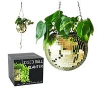 SCANDINORDICA Jardinière Boule Disco - Pot de Fleurs Boule à facettes avec chaîne et Corde en macramé, Boule a Facette, Cadeaux Femmes | Décoration d’intérieur - 20 cm Or