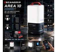 AREA 10 CONNECT : lampe de travail offrant jusqu'à 10000 lumens. Contrôlable via BLUETOOTH, avec gradation sur 5 niveaux. Compacte, portable et résistante à l'eau et à la poussière. Alimentation USB