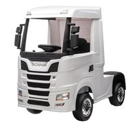 Scania Camion 12 V pour enfants, 2 moteurs de 12 V, blanc, siège cuir, roues en caoutchouc, RC parental