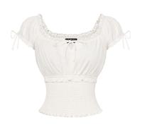 Scarlet Darkness - Blouse femme style Renaissance en coton à manches courtes, col carré, taille smockée, dos en U et poignets volants, blanc, XXL