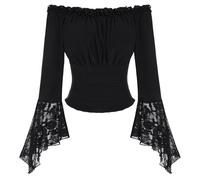 SCARLET DARKNESS Blouse Renaissance pour femme - Manches longues avec dentelle, dénudée sur les épaules, taille smockée, haut, Noir , S