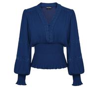 Scarlet Darkness Chemise Renaissance Femme Bohème Manches Longues Col V Smockée Haut Paysan, Bleu Marine, Taille XL