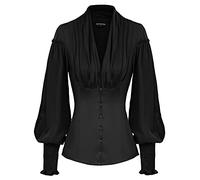 Scarlet Darkness Chemisier Gothique à Manches Courtes Bouffantes et col en V pour Femme, Coupe ajustée, avec Dentelle, Chemisier Victorien Vintage, Noir, 3XL