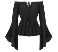 SCARLET DARKNESS Chemisier médiéval pour femme, épaules dénudées, manches longues, style Renaissance, taille élastique, Noir pur., M