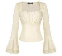 SCARLET DARKNESS Chemisier victorien en dentelle coupe ajustée gothique Y2k Tops col carré buste froncé chemises à manches longues, beige, XXL