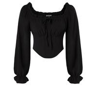 SCARLET DARKNESS Haut court médiéval à manches longues pour femme avec corset, col carré, taille élastique, chemise de pirate, Noir , XL