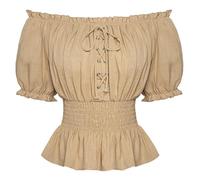 SCARLET DARKNESS Haut en coton style Renaissance pour femme, été, volant, épaules dénudées, manches bouffantes, lacets, smocké, blouse kaki XXL