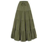 Scarlet Darkness Jupe longue fluide bohème pour femme - Taille élastique avec cordon de serrage - Jupe trapèze - Jupe Renaissance à volants - Longue jupe avec poches - Olive vert M