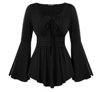 SCARLET DARKNESS Renaissance Blouse traditionnelle femme dentelle smockée encolure en U tunique avec rubans, Noir , XXL