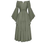 Scarlet Darkness - Robe de costume Renaissance pour femmes, épaules dénudées, manches cloches, robe maxi à volants, vert mousse, Taille XL