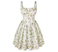 SCARLET DARKNESS Robe d'été florale pour femme avec bretelles spaghetti - Mini robe victorienne à volants pour la plage, Floral vert, S