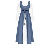 SCARLET DARKNESS Robe Femme d'Été Longue Médiévale 2 Pièces, Manches Bouffantes et Taille Cintrée Bleu XL