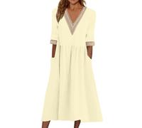 SCBFDI Robe Femme en Coton Lin Chic et Elegant à Col en V Robes Mi Longue | D'Été de Fluide Trapèze Robe Légère et Aérée Boho de Plage