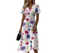 SCBFDI Robe Femme Ete à Manches Courtes en Tissu Doux Coupe Hawaii Imprimé | Midi Col V Taille Style Comfy Élégant pour Usage et Occasions