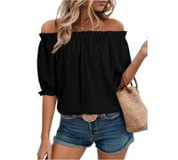 SCBFDI Top Femme Sexy Manche Courte Chemisier Mode Epaules Denudees Uni | Plissé Col V Ample Confortable Scolaire Shirt