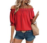 SCBFDI Top Femme Sexy Manche Courte Chemisier Mode Epaules Denudees Uni | Plissé Col V Ample Confortable Scolaire Shirt