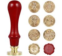 Sceau de cire Kit de 6 tampons cire à cacheter vintage avec tête en laiton et manche bois réutilisables(Set 1)