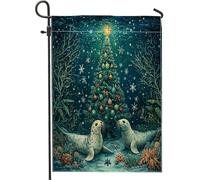 Sceau de Noël océan, avant cour, arrière-cour, drapeaux de jardin verticaux 30,5 x 45,7 cm double face pour extérieur, Noël sous-marin fantaisie, petits drapeaux de pelouse, décoration de vacances