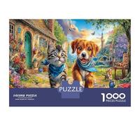 Scène Animale Confortable 1000 Pièces Puzzle À Thèmechat Chien Village Run pour Adultes Jeu D'Intelligence Premium avec Défis Décorationde La Maison 52x38cm/1000pcs