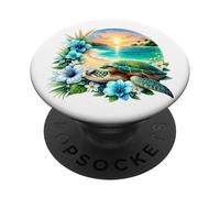 Scène Artistique Tortue de mer et Fleurs Tropicales PopSockets PopGrip Adhésif