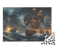 Scène Bataille Navale Premium Puzzle 1000 Pièces pour Adultes Navires Pirates Fantômes S'affrontant dans Un Océan Orageux Ardent Robuste Haute Qualité Défiant Difficile Anti-Stress 38x26cm/1000pcs