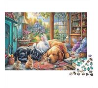 Scène Bêtes Adorables Puzzles 1000 Pièces Adultes Enfants Cute Pets Napping Cozy Library Setting Jeu Éducatif Défi Décoration Murale Cadeau Femme Homme