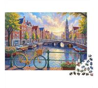 Scène Canal Amsterdam Haute Qualité Puzzle 1000 pièces pour Adultes Maisons Canal Vélo Coucher de Soleil Premium Épais Robuste Vibrant Défiant Jeu Familial 52x38cm/1000pcs