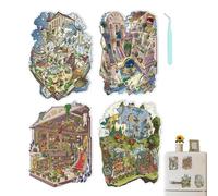 Scène d'autocollants miniatures 3D - Lot de 4 autocollants de maison de dessin animé à faire soi-même, grande taille pour adultes, soulagement du stress | Bouteille d'eau, téléphone, , voyage
