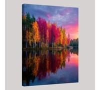 ScèNe D'Automne Impression sur toile Forêt de bouleaux au bord du lac 70x50 cm Tableau mural moderne Prêt à accrocher avec cadre bois Décoration élégante pour salon chambre bureau cuisine