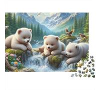 Scène de Bébés Ours Mignons Puzzle Difficile 1000 Pièces pour Adultes Trois Bébés Ours près Cascade Premium Robuste Haute Qualité Vibrant Stimulant Anti-Stress 52x38cm/1000pcs
