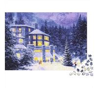 Scène de Cabine d'hiver Puzzles 1000 Pièces, Cabine d'hiver enneigée avec des pins, Jeu éducatif, défi, activité relaxante, Cadeau pour Tous, 70x50cm