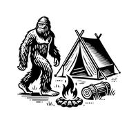 scène de camping de Bigfoot le vagabond de la forêt Stickers gravés 42x47.5cm Peinture murale artistique Noir