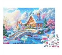 Scène de Chalet d'hiver_1 Puzzles 1000 Pièces, Girafe avec Grenouille sur Glace, Art Moderne, Jeu Cadeau Unique, activité relaxante, Cadeau pour Tous