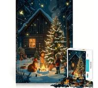 Scène de Chalet d'hiver avec Enfants et Renard Puzzle de 1000 pièces Jeu de réflexion Amusant Pièces précises et sans Couture Activité relaxante en Groupe à l'intérieur (38x52cm)