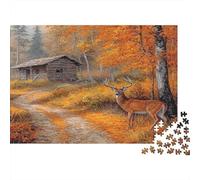 Scène de forêt d'automnePuzzles pour Adultes 38x26cm/1000pcs,Jeux De Défi Paysage de cabane Rustique